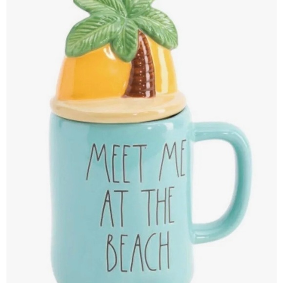 Rae dunn meet me at the beach lidded ceramic mug palm tree lid 8" NIB - Picture 5 of 5